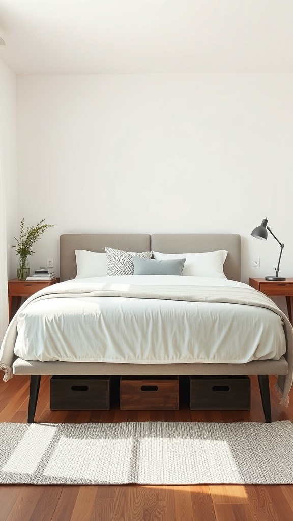 A simple bedroom featuring a bed with under-bed storage boxes, a soft rug, and minimal decor.