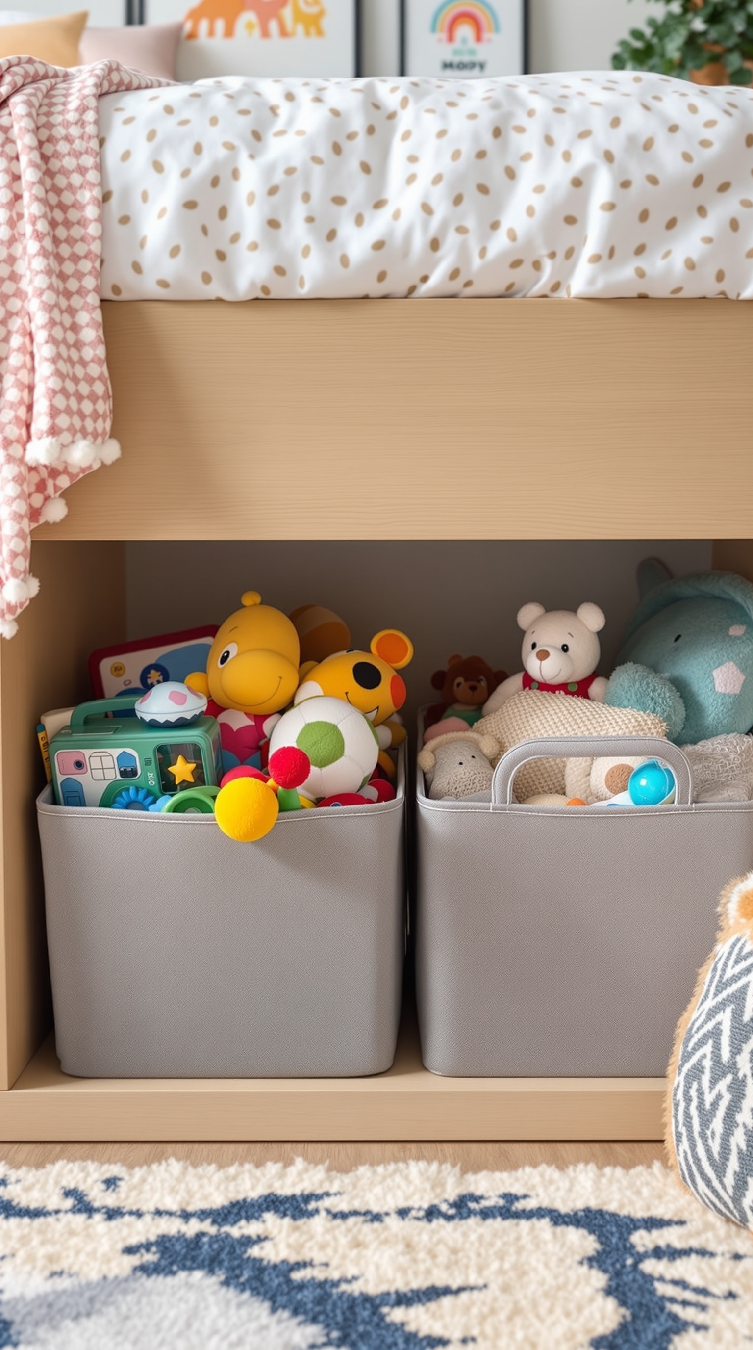 Gray toy storage bins filled with colorful toys under a bed.