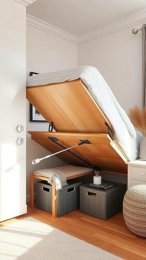 A bed with a lift-up mechanism revealing under-bed storage, accompanied by storage boxes.