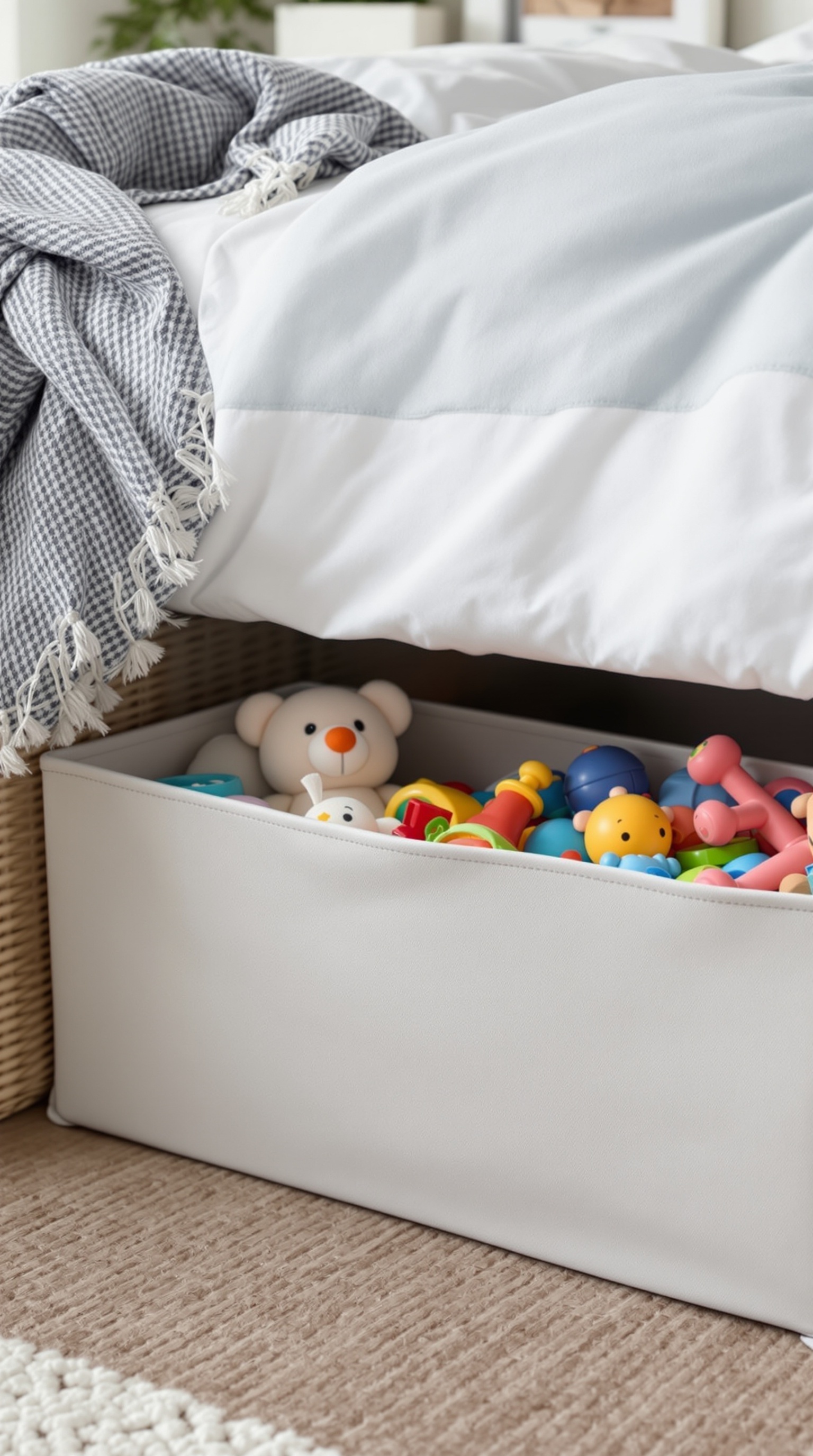A storage box filled with toys placed under a bed, with a cozy blanket on top.