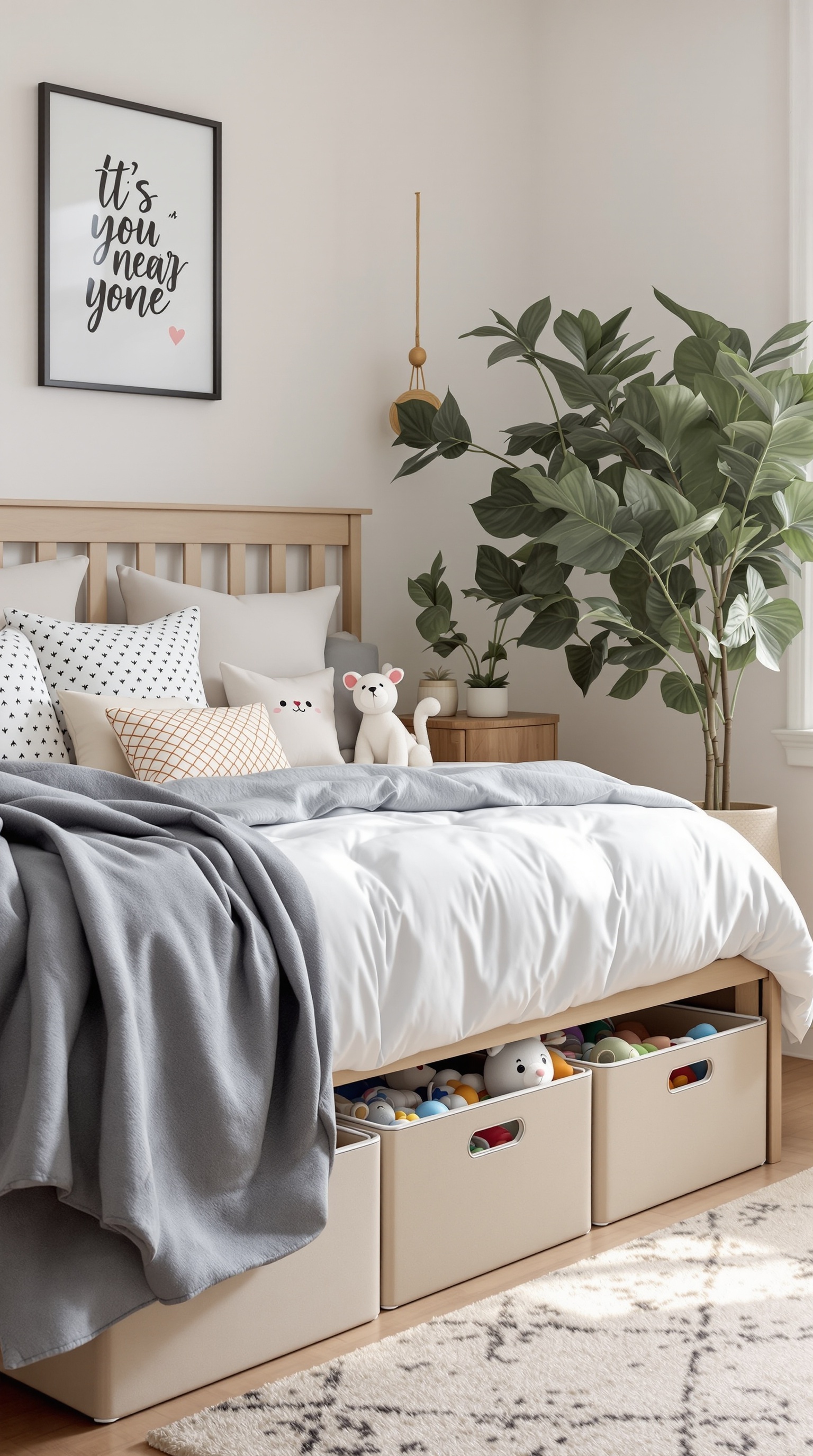 A cozy bedroom with a bed featuring under-bed storage boxes filled with colorful toys.