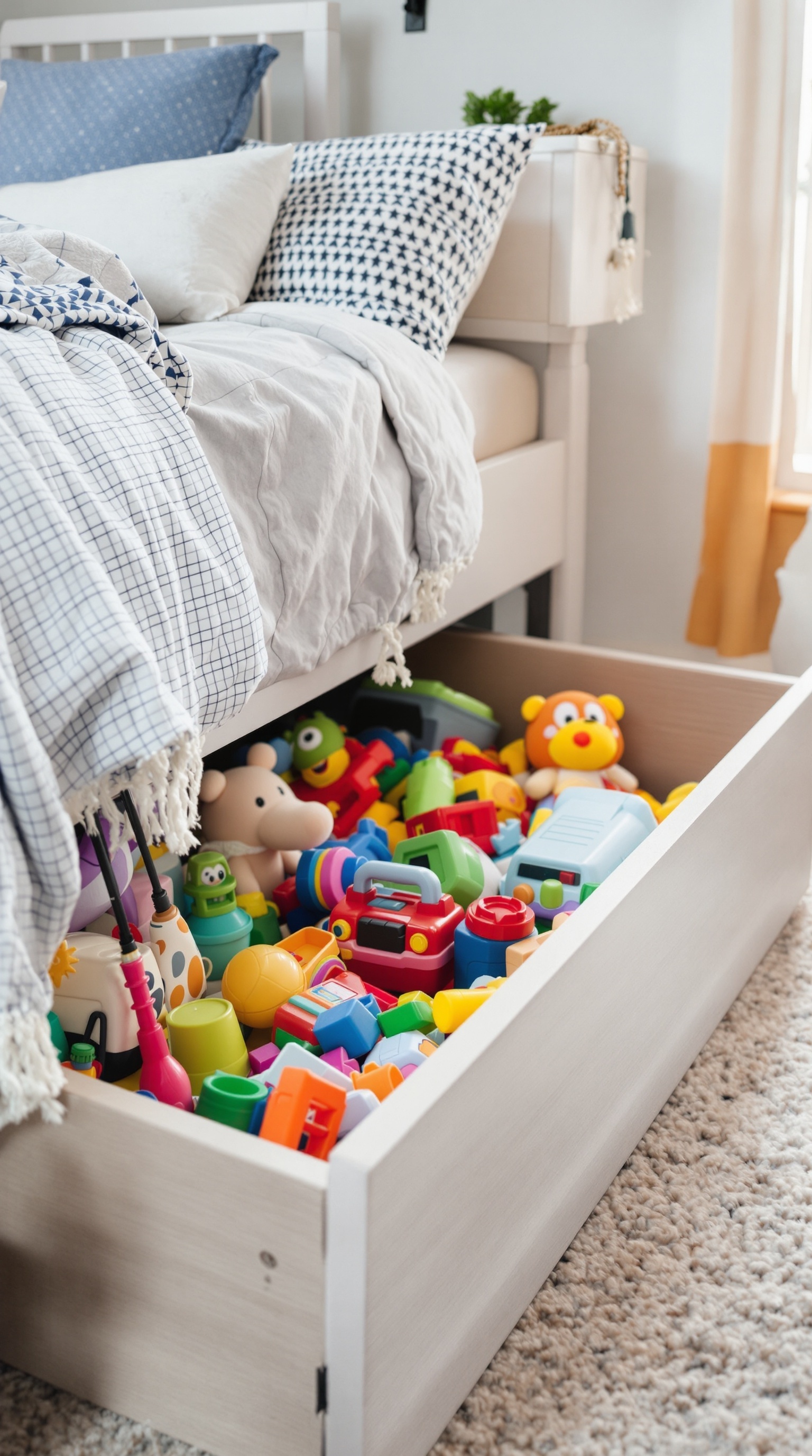 Colorful toys stored in a drawer under a bed, showcasing an organized toy room.