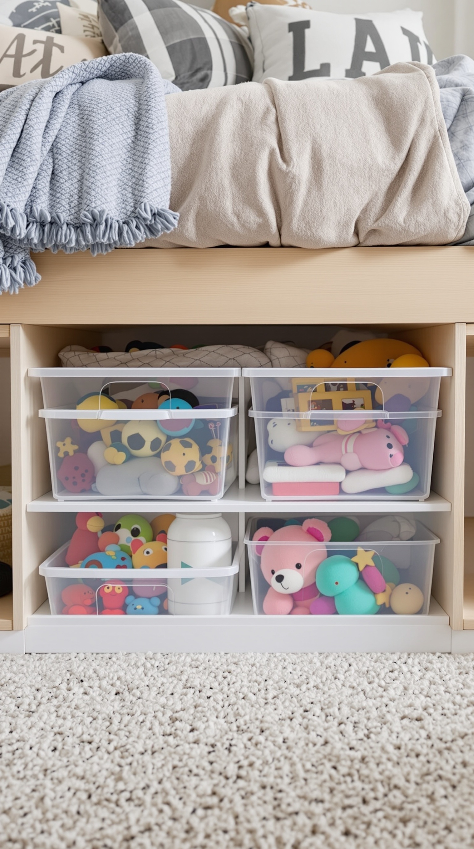 Under-bed storage with clear bins filled with colorful toys and plush animals