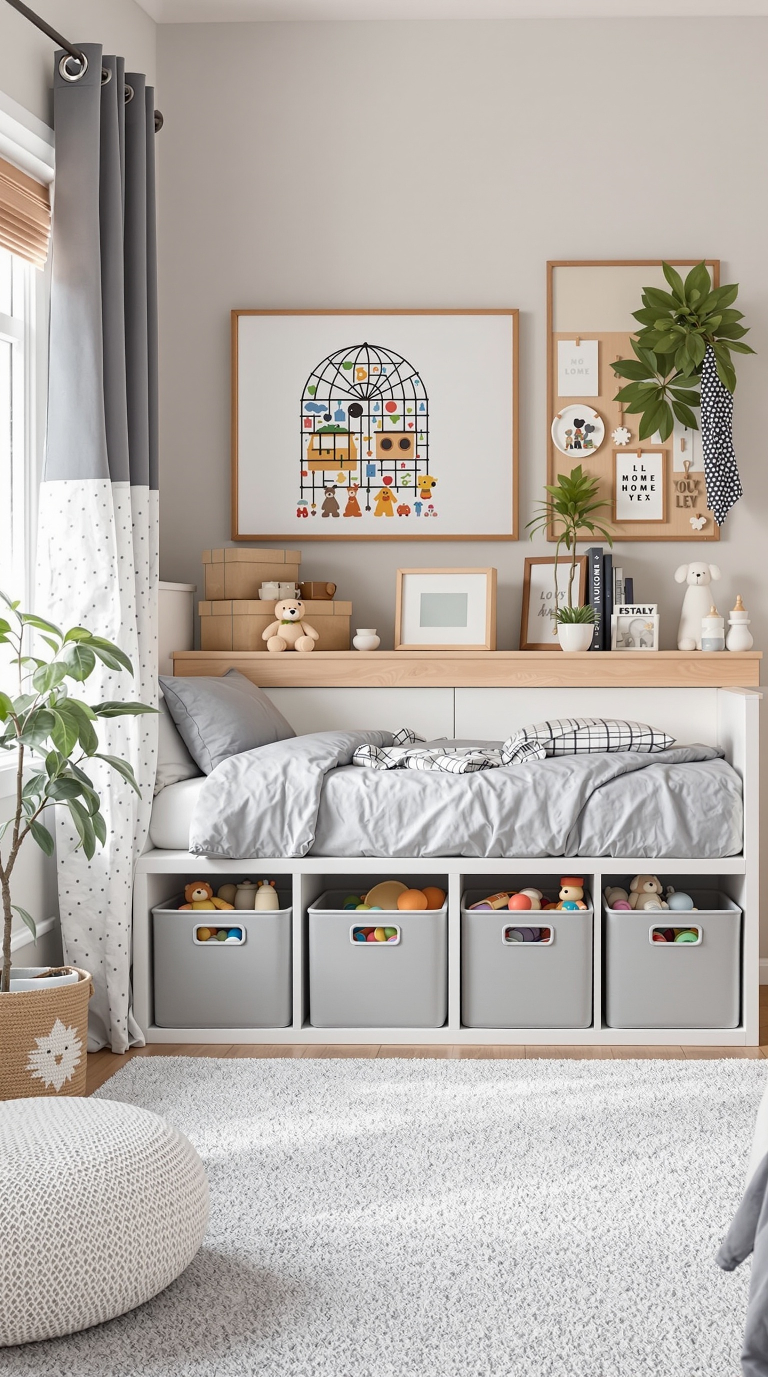 A cozy kids' room featuring under-bed storage with gray bins for toys.