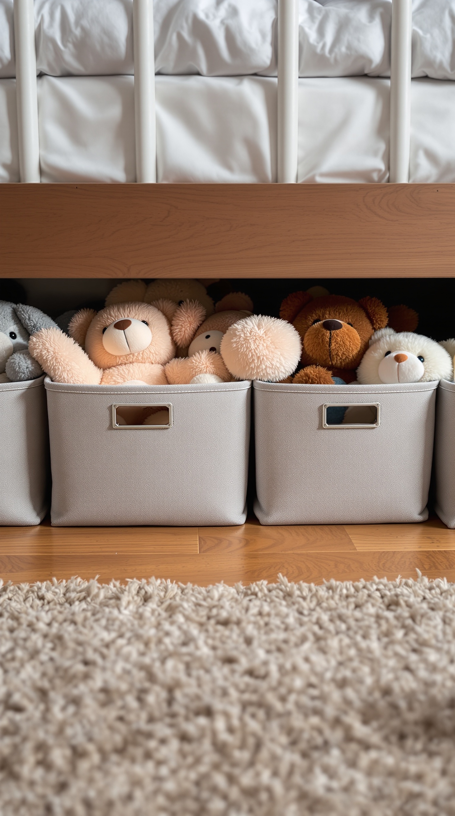 Storage bins under a bed filled with soft toys
