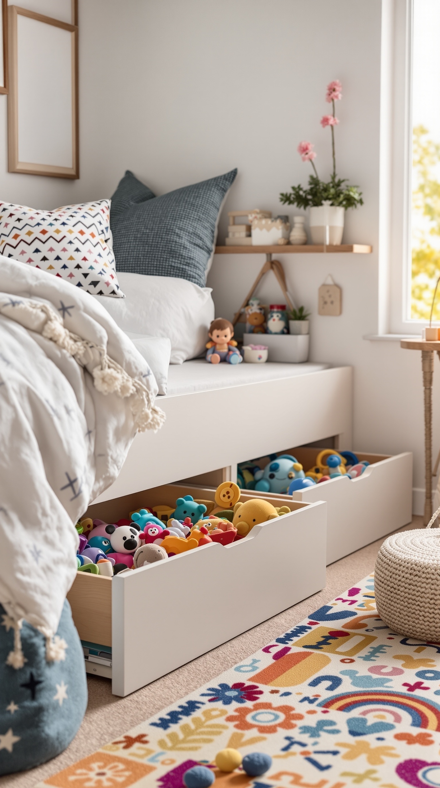 A cozy playroom with a bed featuring under-bed storage drawers filled with colorful toys.