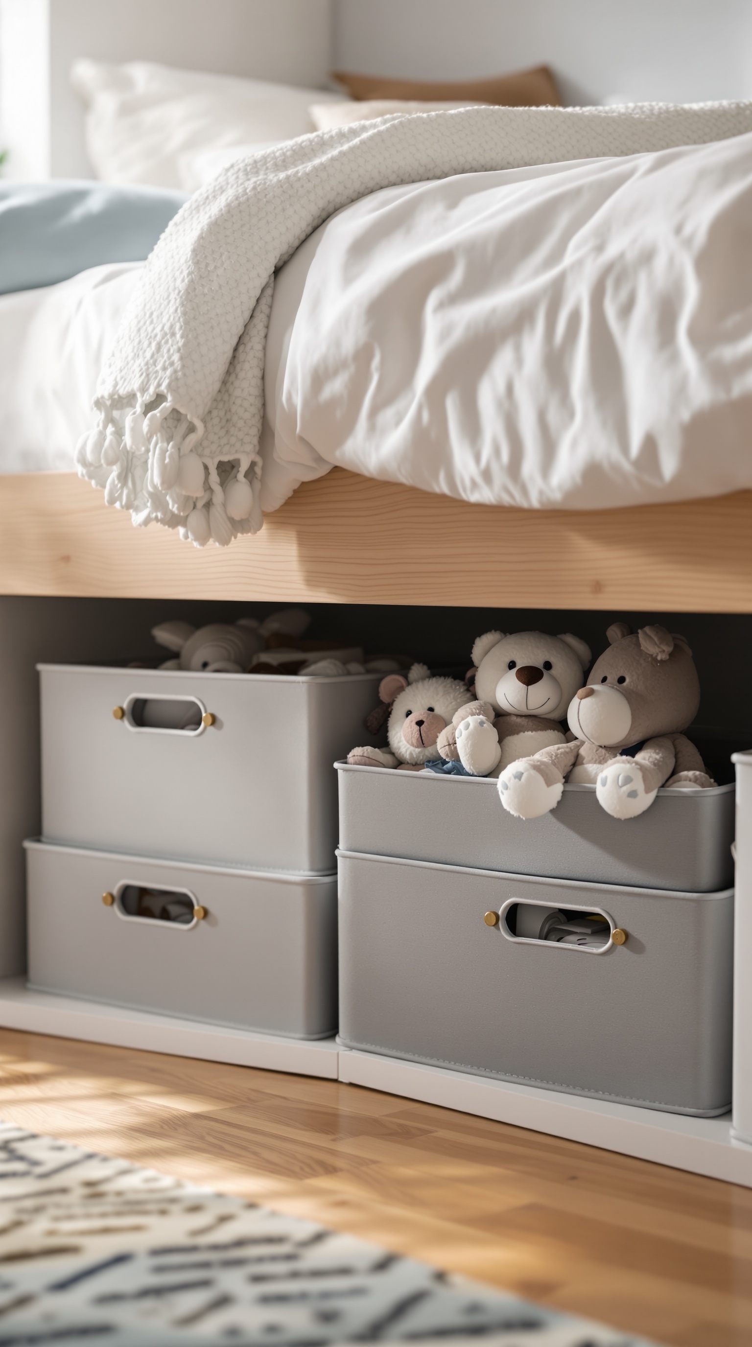 Under-bed storage boxes filled with stuffed animals under a cozy bed.