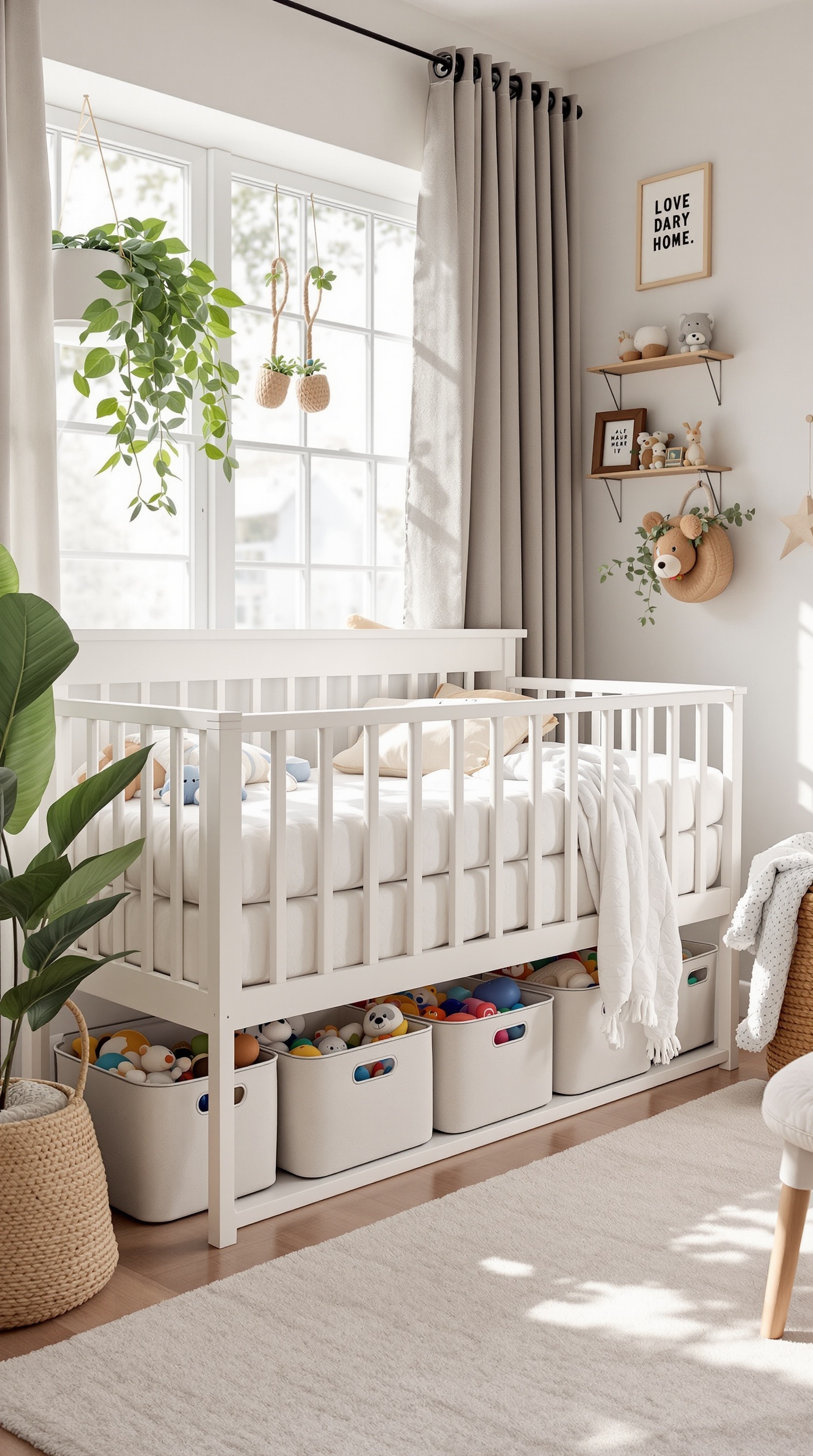 A nursery with a crib and under-bed storage bins filled with toys.