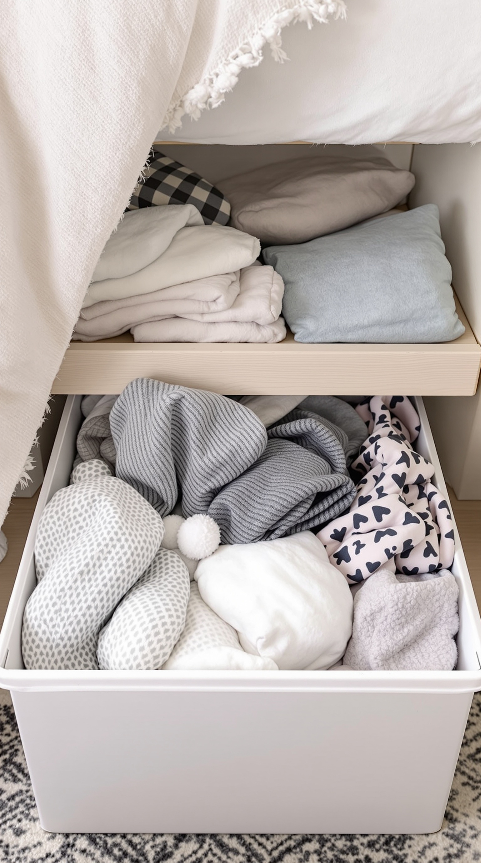 Under-bed storage with neatly arranged blankets and baby clothes in a white bin.