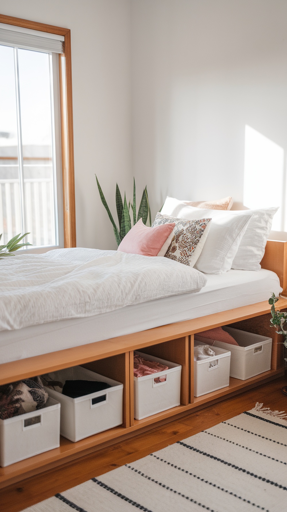 A cozy bedroom featuring a bed with built-in under-bed storage, showcasing white storage bins and decorative pillows.
