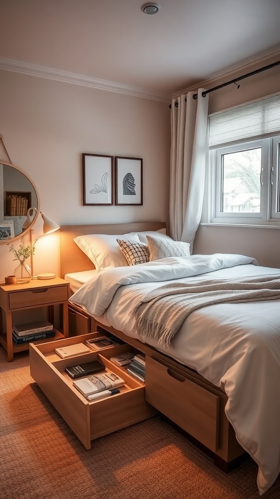 A cozy bedroom featuring a bed with built-in under-bed storage drawers.