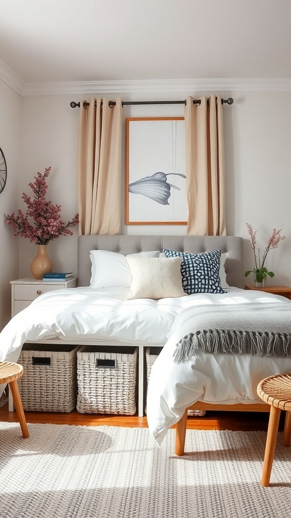 A cozy guest bedroom featuring a bed with stylish under-bed storage baskets.