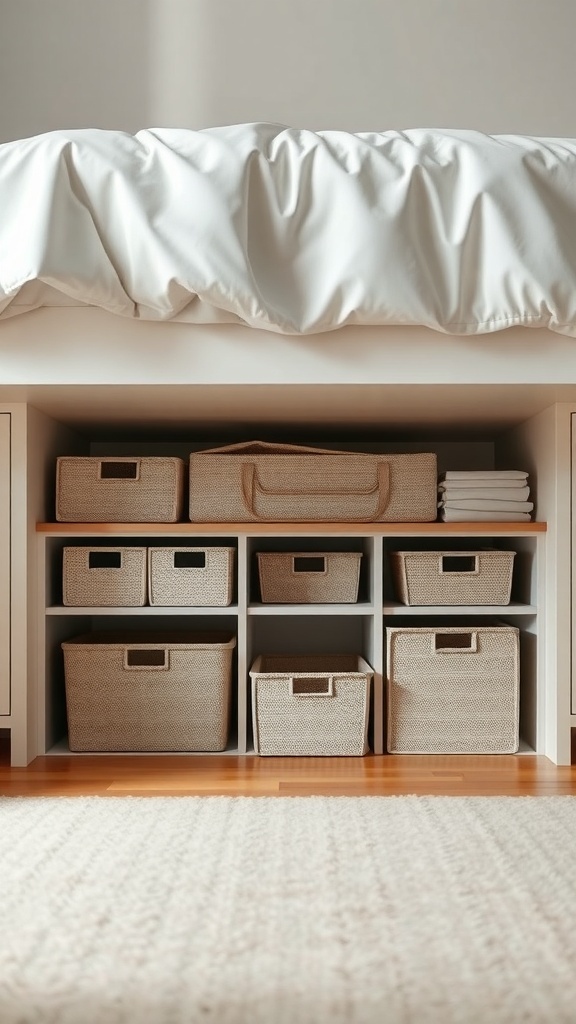 A neatly organized under-bed storage area with various baskets.