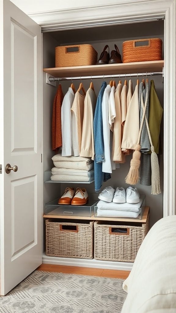 A neatly organized closet with clothes, shoes, and storage baskets.
