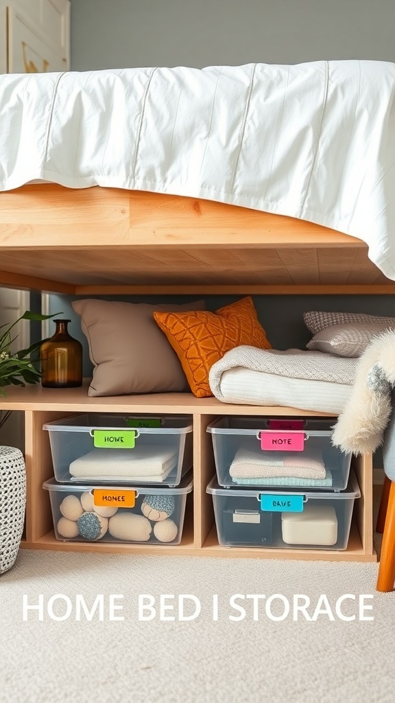 Under-bed storage with labeled bins and decorative pillows