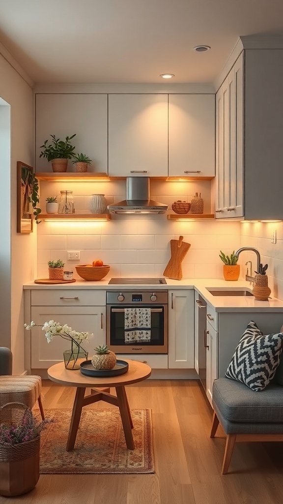 A cozy tiny kitchen with under-cabinet lighting illuminating the space.