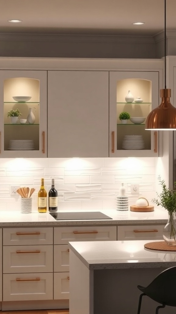 A modern kitchen with under-cabinet lighting showcasing dishes and decor.