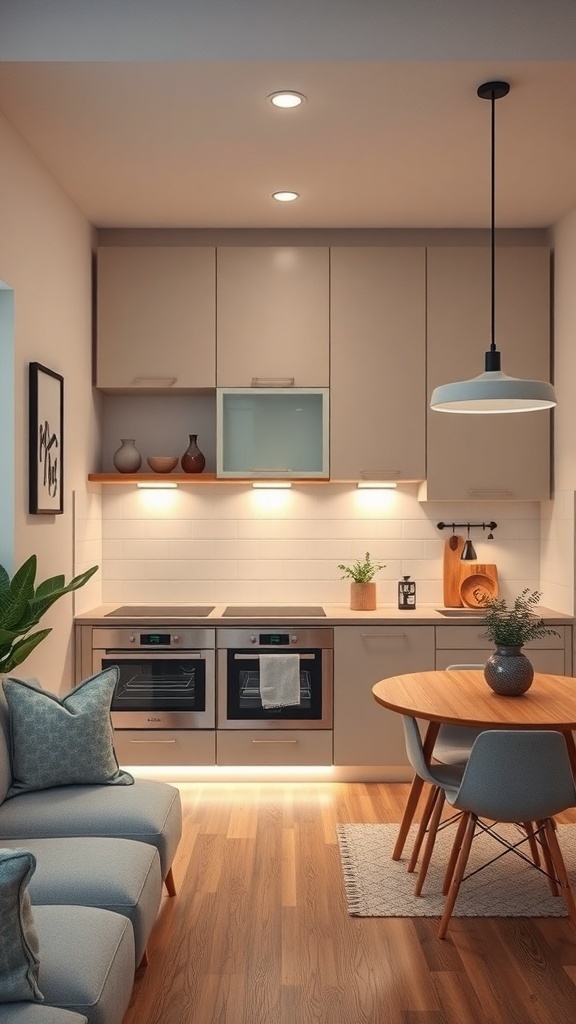 A modern kitchen with under-cabinet lighting, showcasing a cozy atmosphere and functional design.