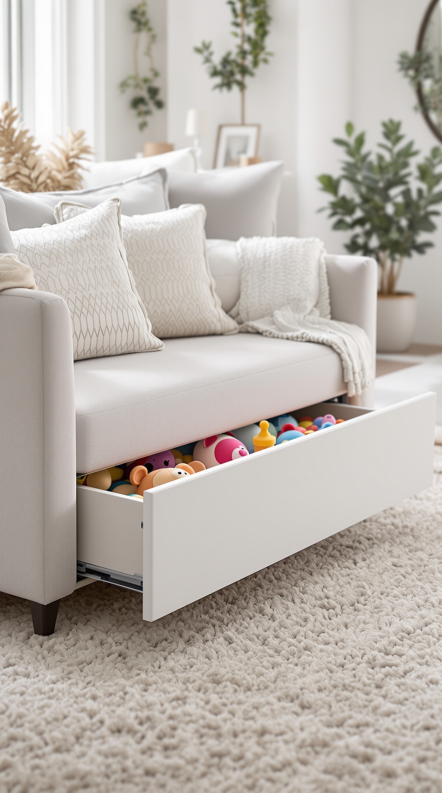 A modern couch with a storage drawer underneath, filled with colorful toys, set in a cozy living room.