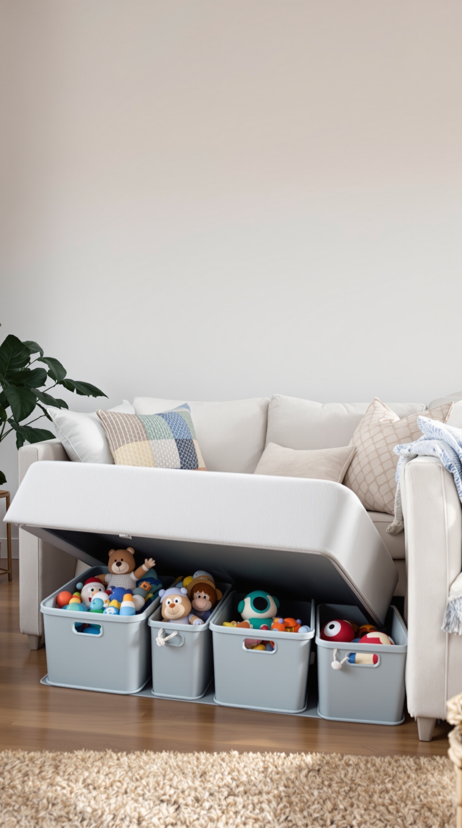 A living room with a couch that has a lift-up section revealing storage bins filled with toys.
