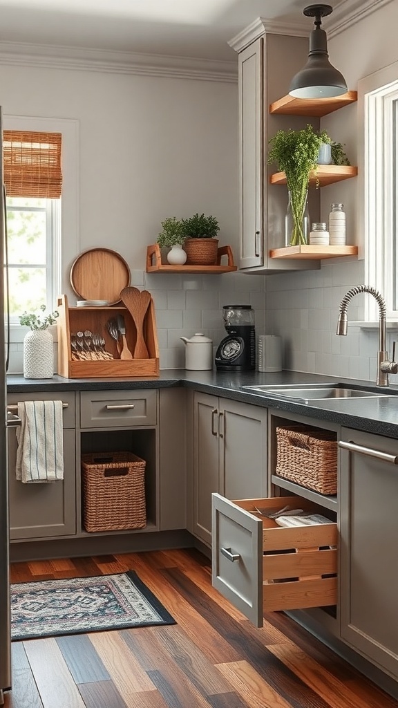 A small kitchen featuring under-counter storage with open shelving and wooden baskets.
