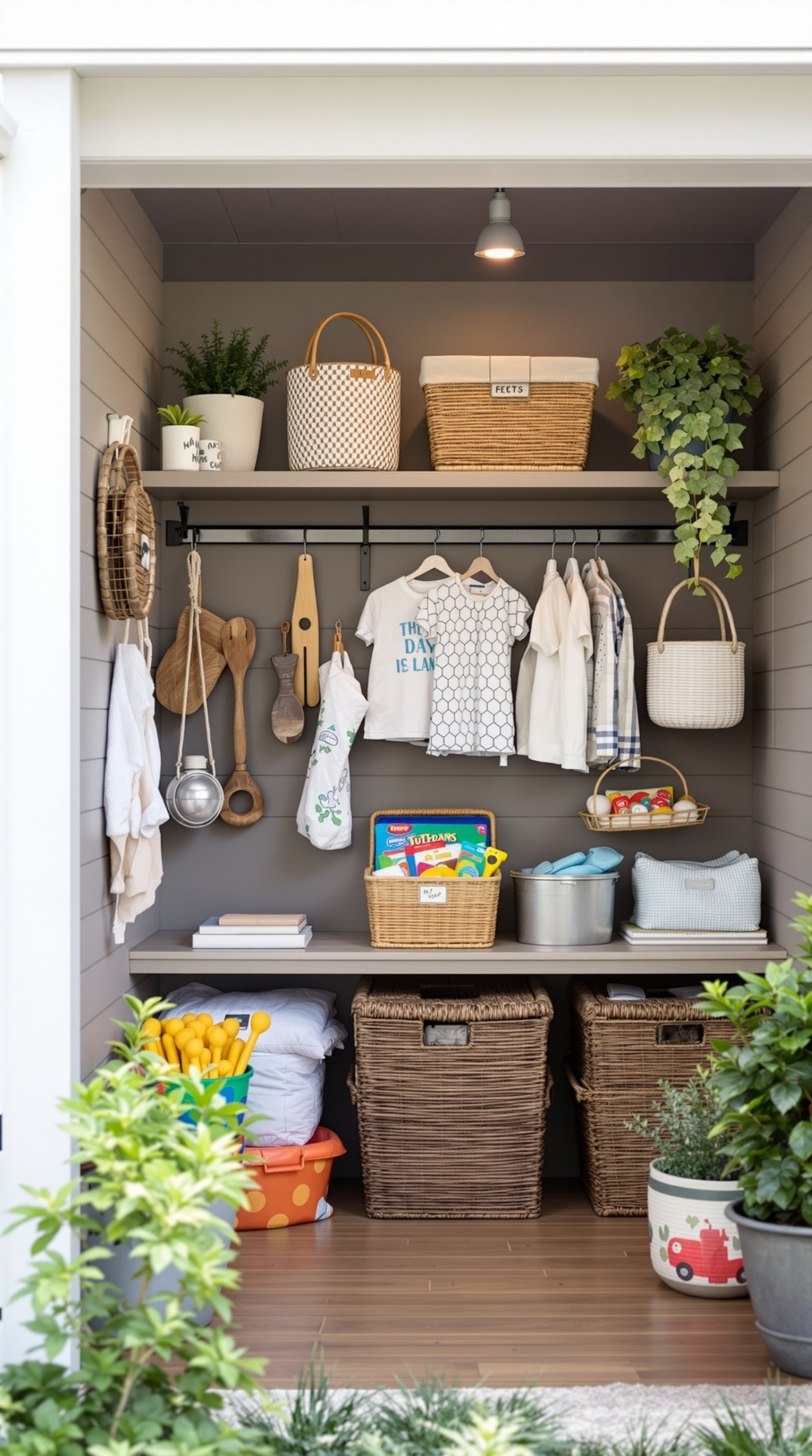 Organized under-deck storage with shelves, baskets, and plants