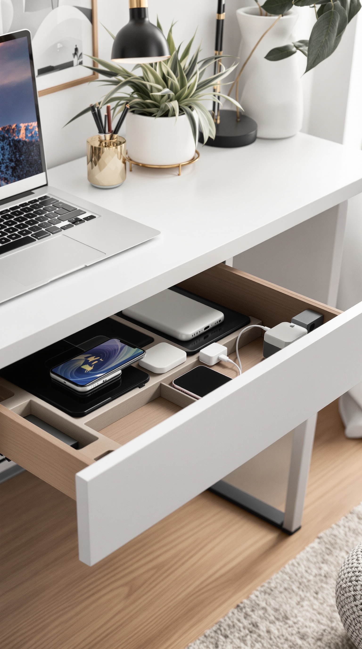 A clean workspace featuring a laptop on a desk and an open under-desk charging drawer with neatly organized devices and chargers.