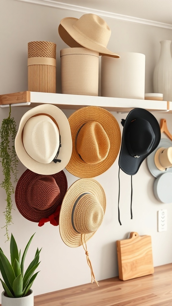 A stylish display of various hats hanging from an under-shelf holder, showcasing organization and decor.