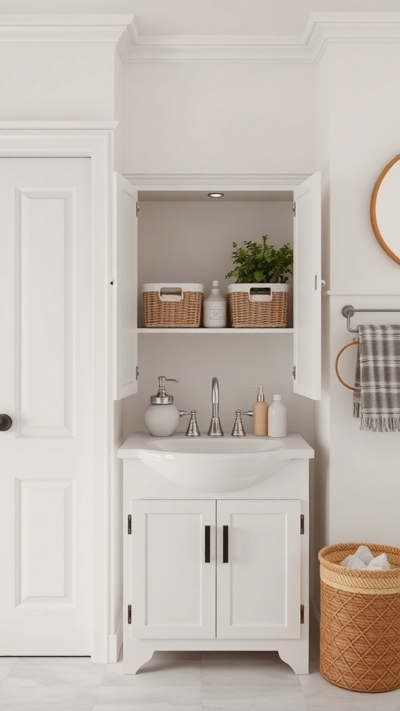 Organized under-sink area with white cabinetry, baskets, and a small plant.