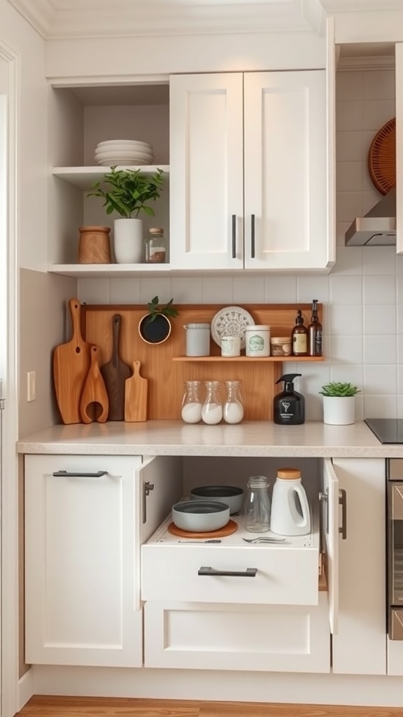 Organized under-sink area with drawers and open shelves in a kitchen.