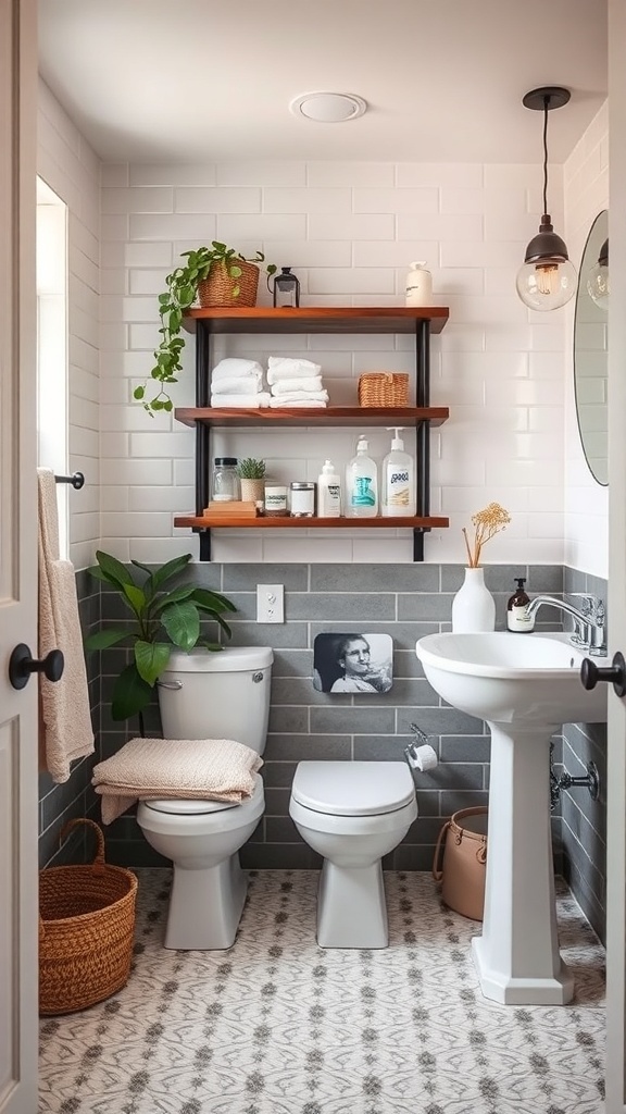 Stylish under-sink shelving in a modern bathroom with towels, plants, and toiletries