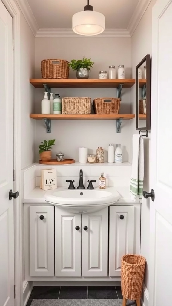 A neatly organized small bathroom with under-sink shelving, featuring wooden shelves, baskets, and a small plant.