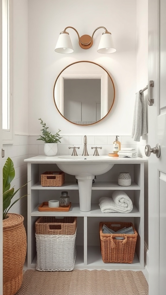 Stylish under-sink storage with open shelving, woven baskets, and a plant.