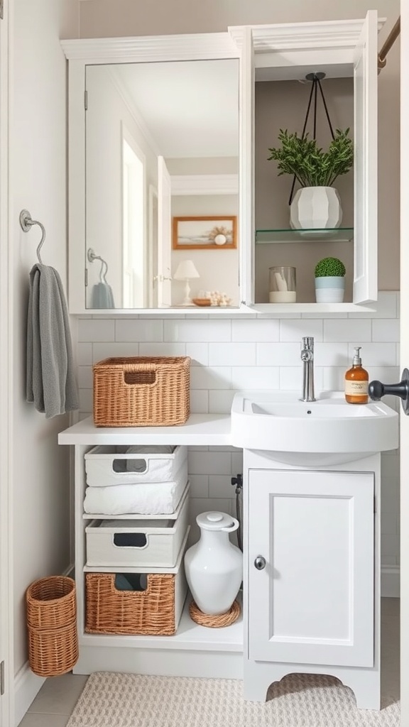 Organized under-sink storage in a small bathroom with woven baskets and fabric bins.