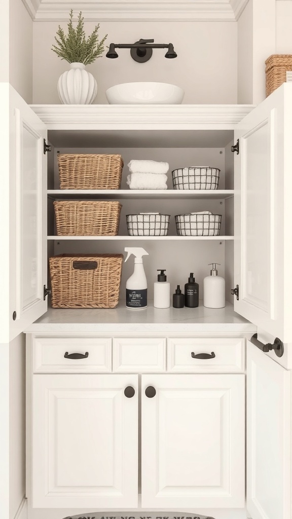 Organized under-sink storage with baskets, towels, and cleaning supplies.