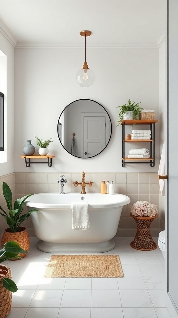 A modern bathroom featuring a freestanding tub, stylish shelves with towels, and decorative plants.