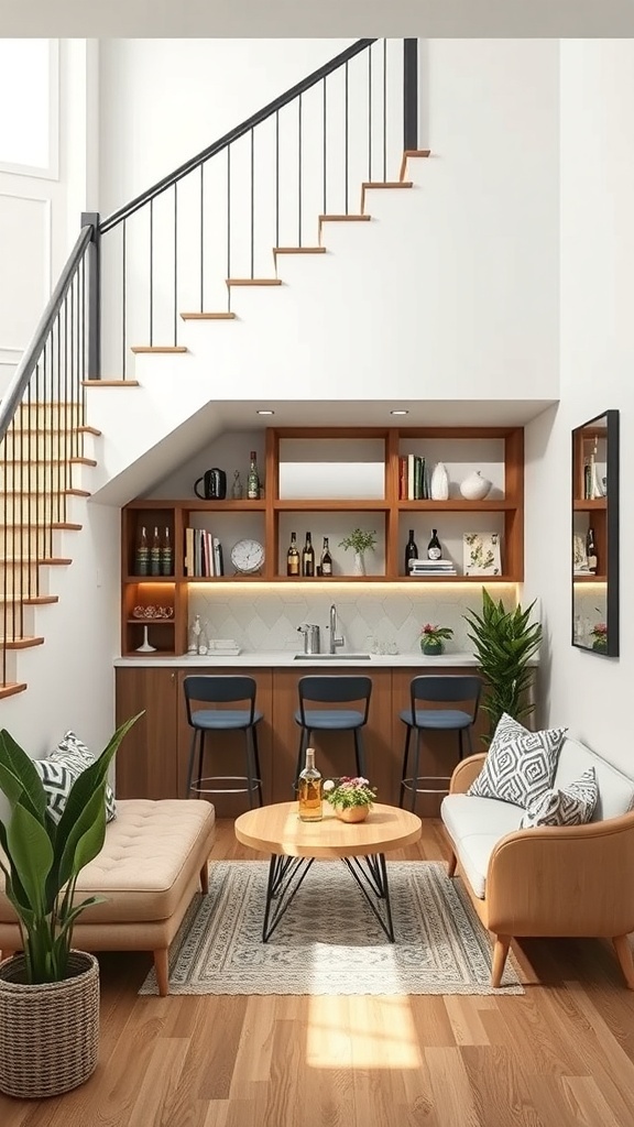 Cozy under-stair bar with seating and decorative shelves