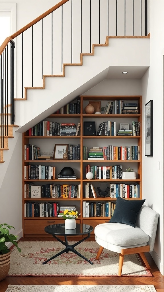 Cozy under-stair bookshelf with a chair and table