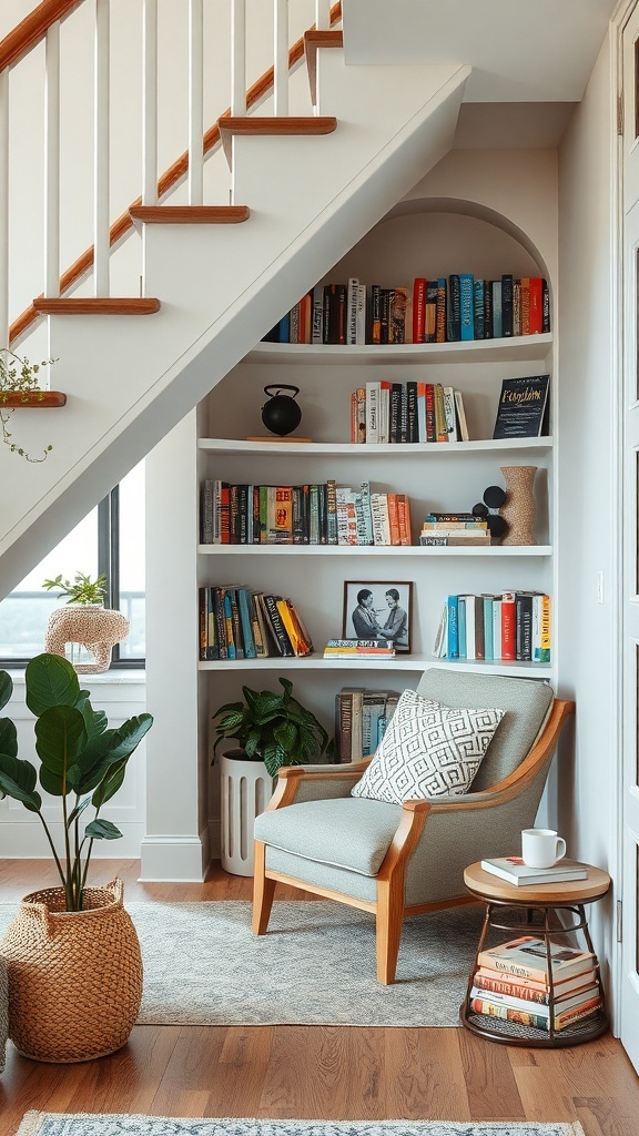 Cozy reading nook under the stairs with a chair, bookshelves, and a plant.