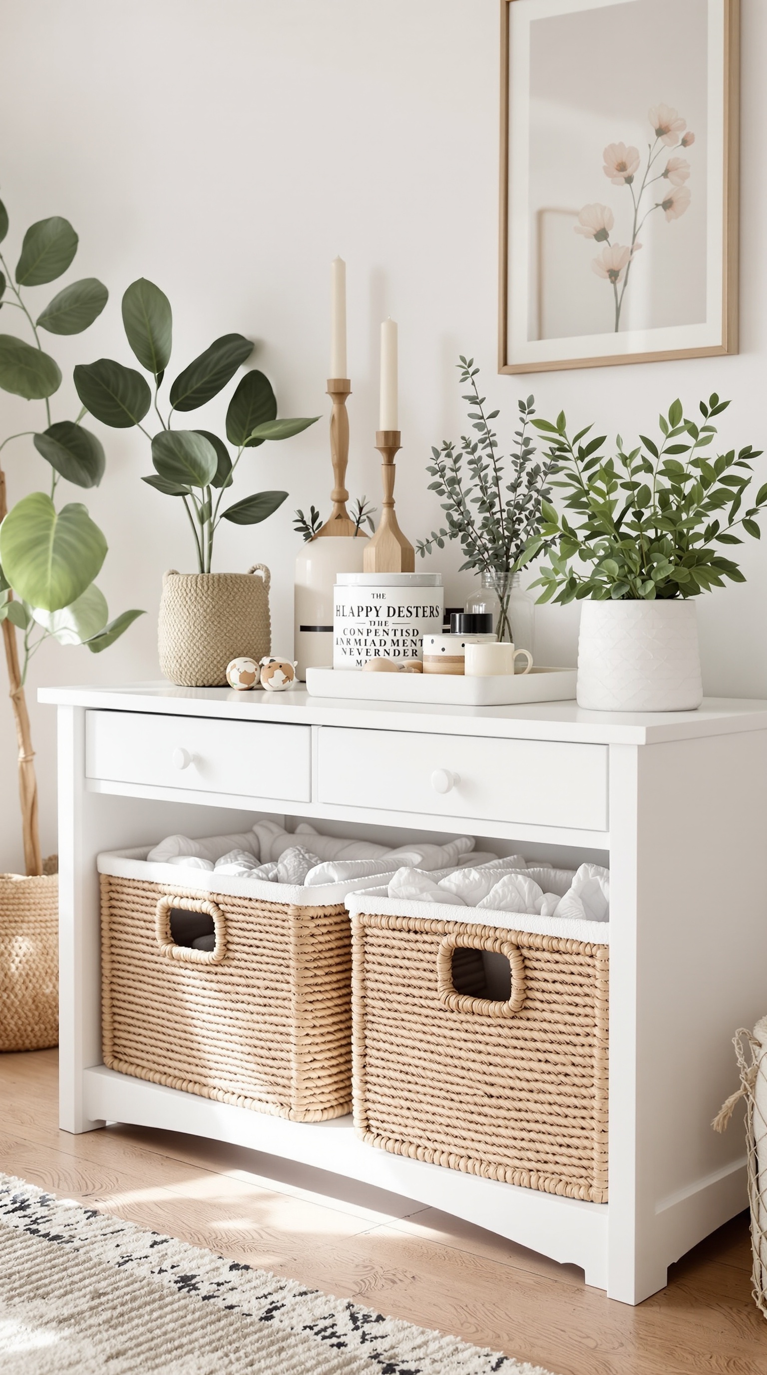 A stylish living room table with woven baskets underneath for toy storage.