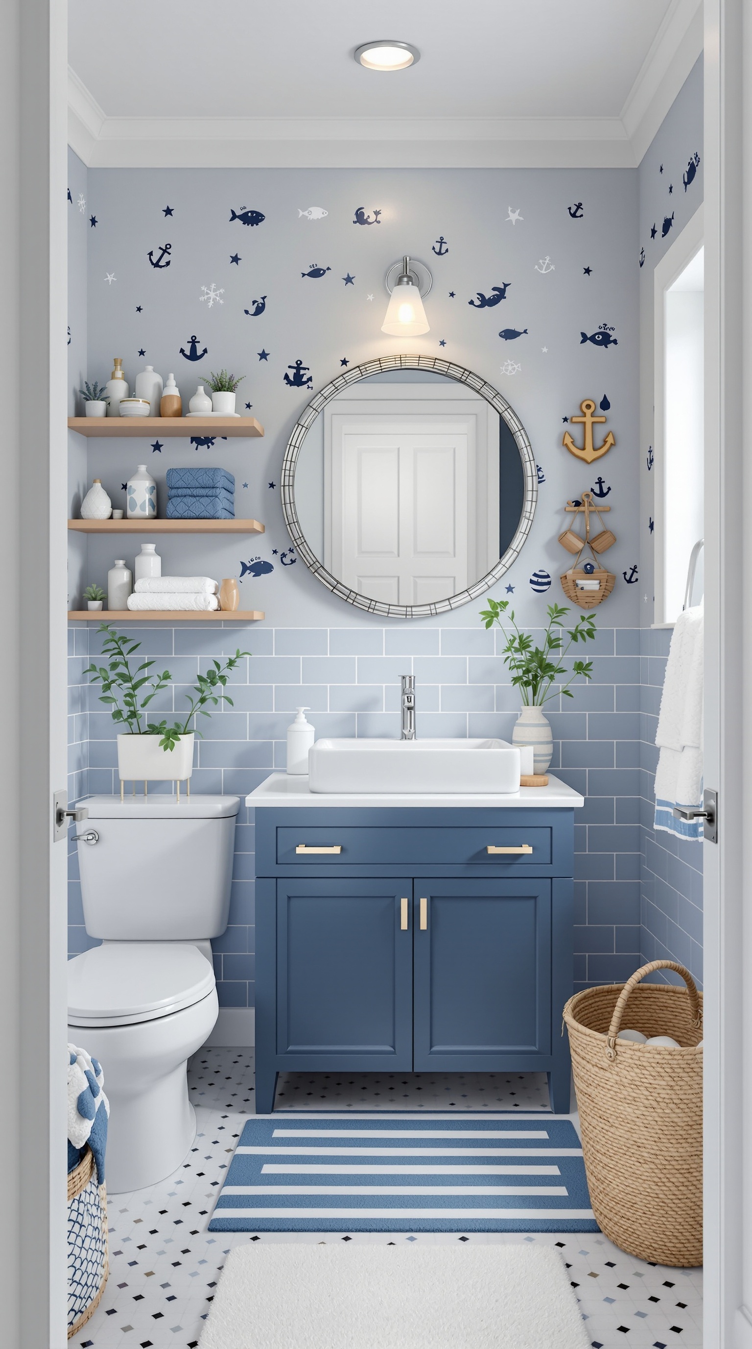 A kid-friendly bathroom with an under-the-sea theme featuring blue tiles, nautical decorations, and playful sea creature designs.