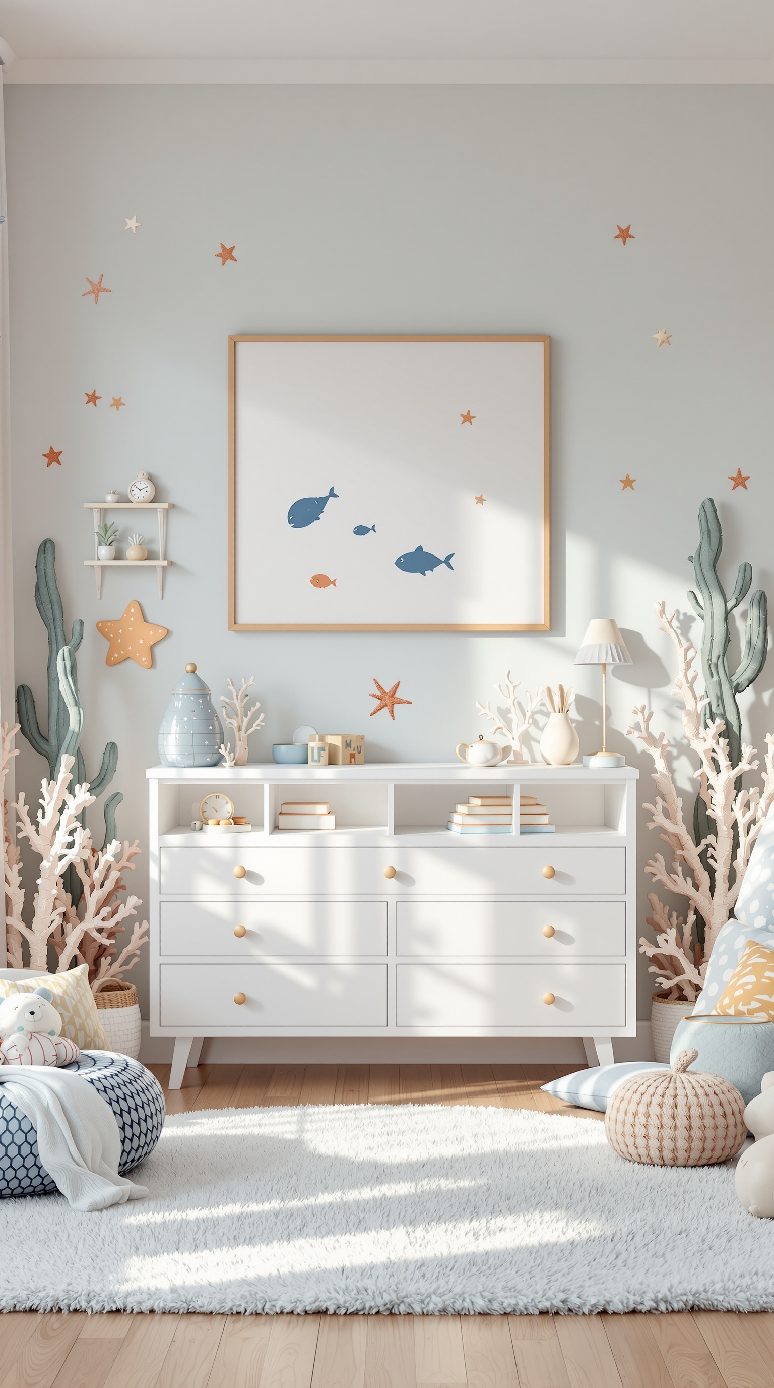 A toddler's room with an under-the-sea theme featuring blue walls, fish decals, coral decorations, and cozy seating.
