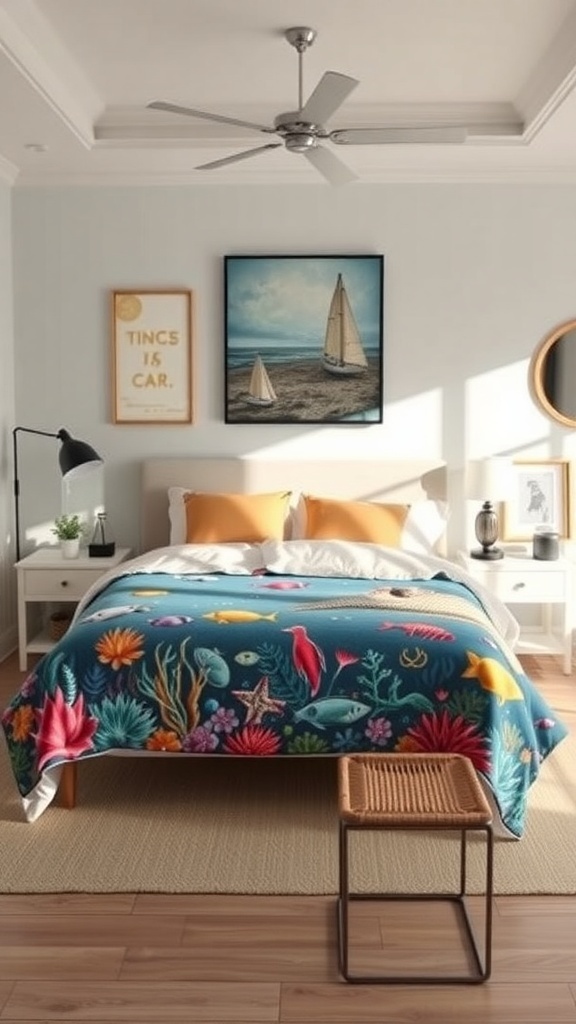 A colorful under-the-sea themed bedspread featuring marine life designs in a coastal teen bedroom.