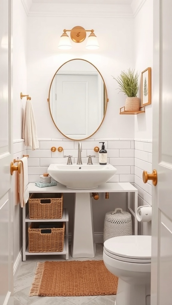 A small bathroom featuring a pedestal sink with under-sink storage, including woven baskets and a decorative shelf.
