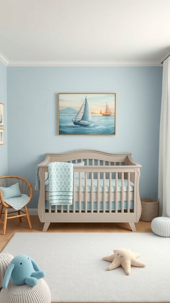 A serene nursery with blue walls, a stylish crib, nautical decor, and plush toys.