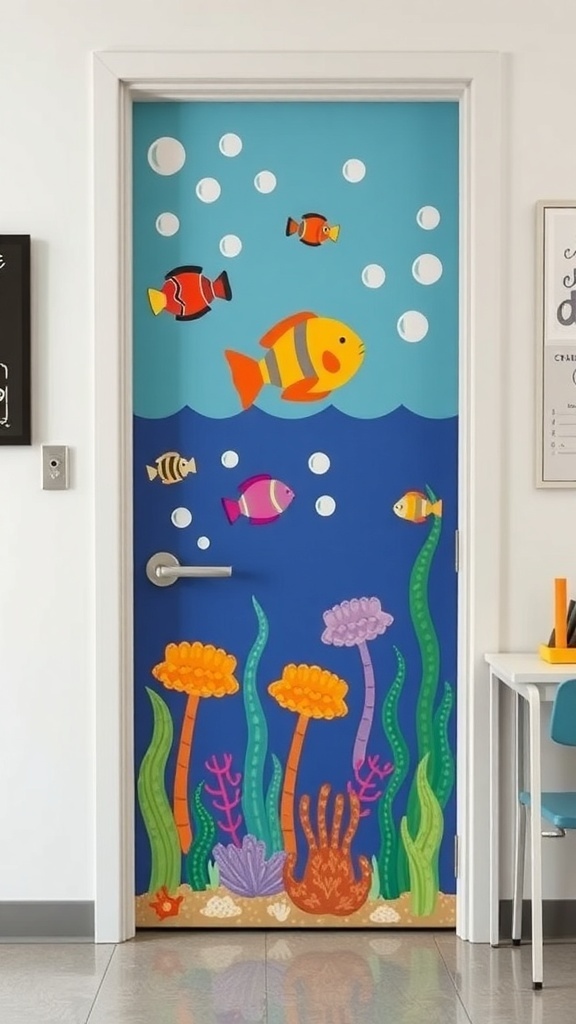 A classroom door decorated with an underwater theme featuring colorful fish, bubbles, and sea plants.