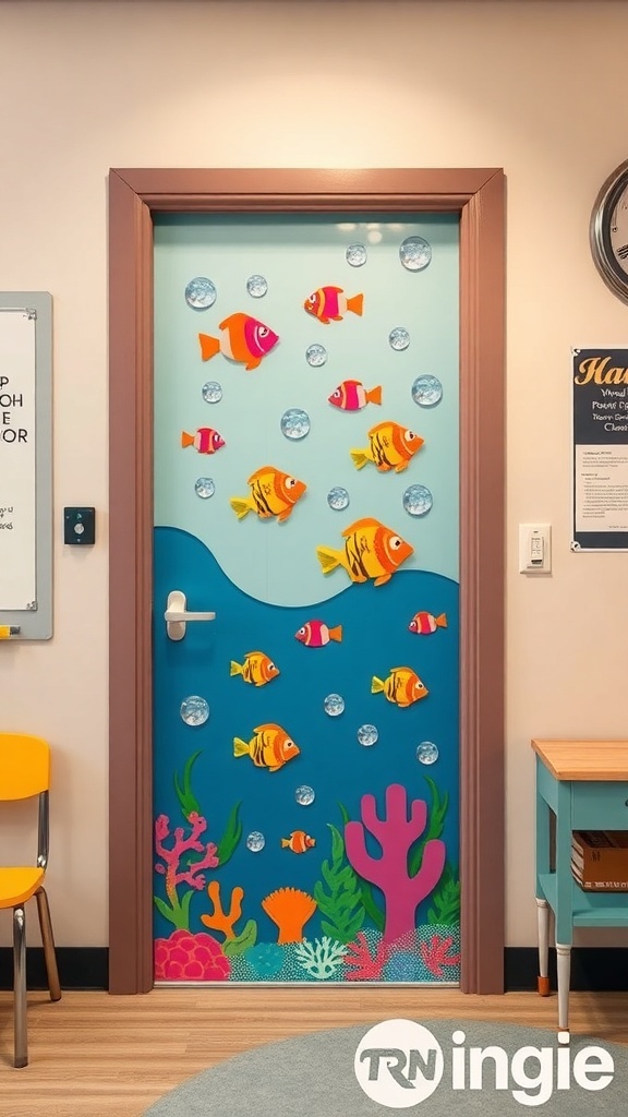 A classroom door decorated with colorful fish, bubbles, and coral in an underwater theme.