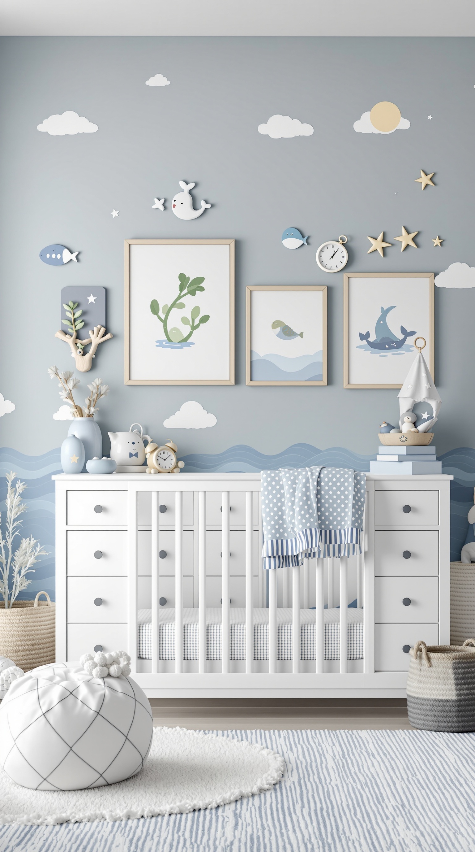 A beautifully decorated baby room with an Under the Sea theme, featuring a crib, ocean-themed wall art, and soft textures.