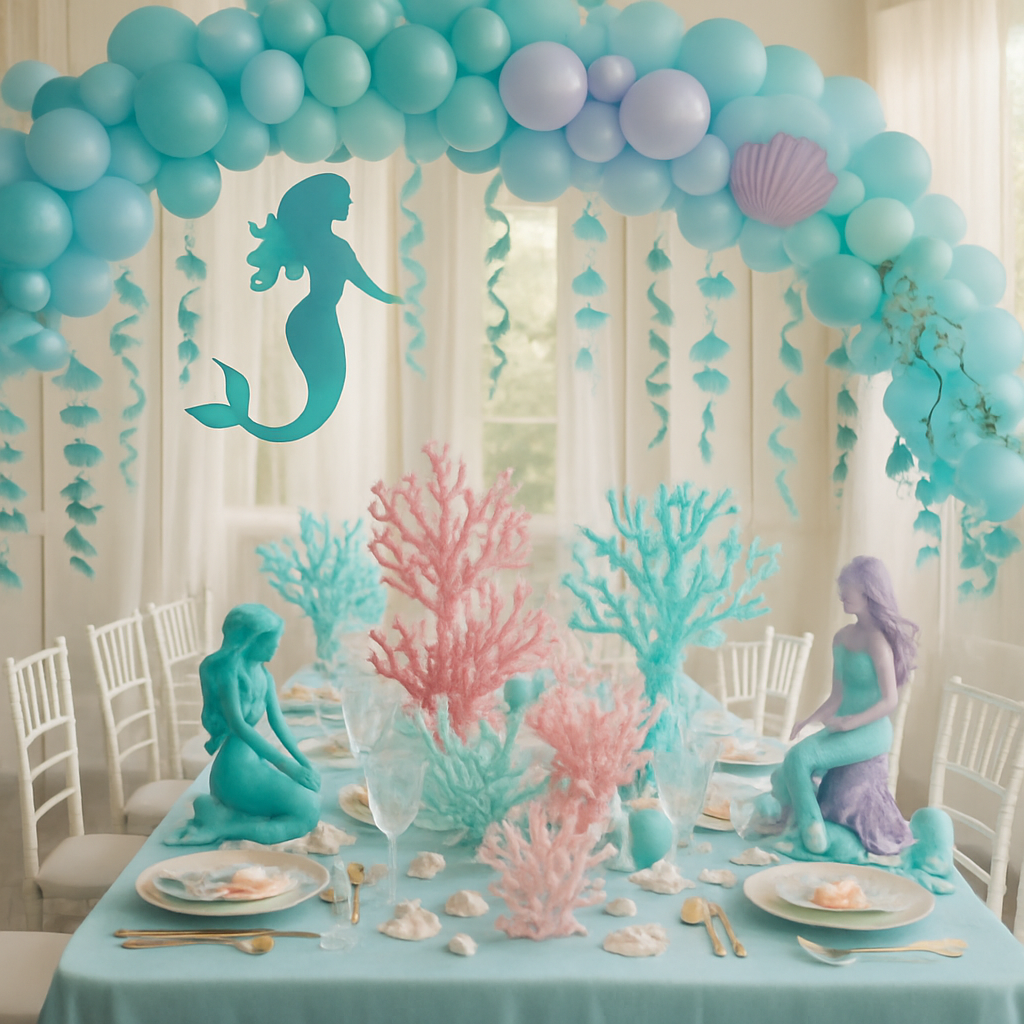 A beautifully decorated bridal shower table with an Under the Sea theme, featuring balloons, coral centerpieces, and mermaid statues.