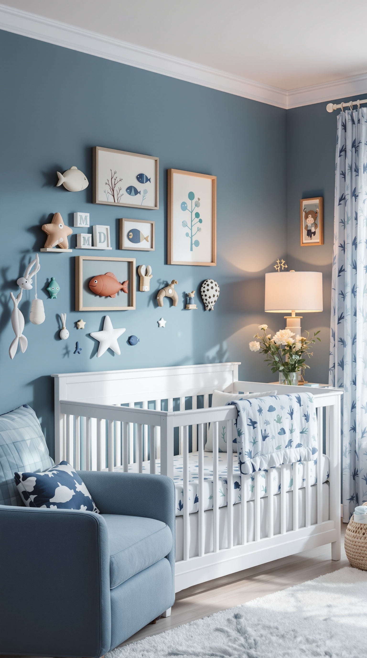 A beautifully decorated baby boy room with an under the sea theme, featuring blue walls, a white crib, and ocean-themed decor.